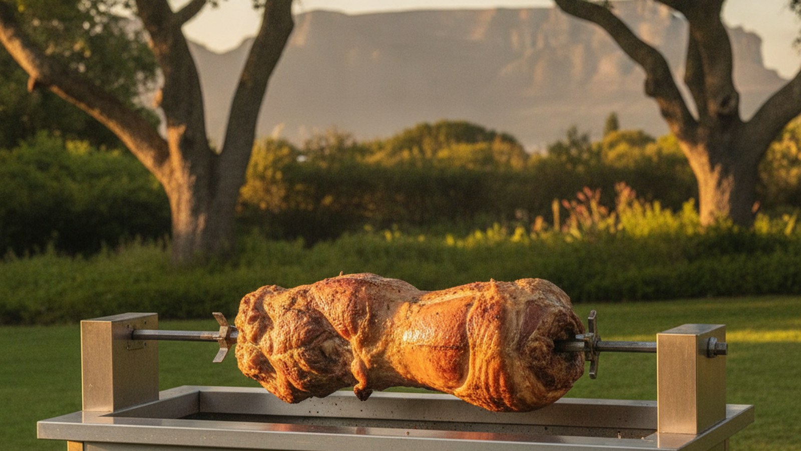 Whole lamb spit braai catering on a stainless gas spit in Greater Cape Town
